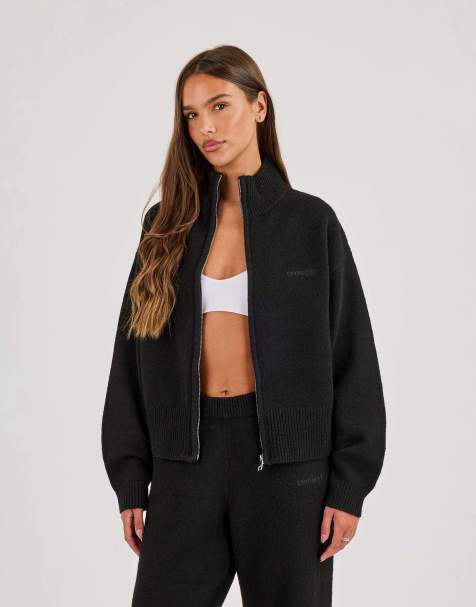 Cernucci Knitted embroidered logo funnel neck zip through in black - view 1