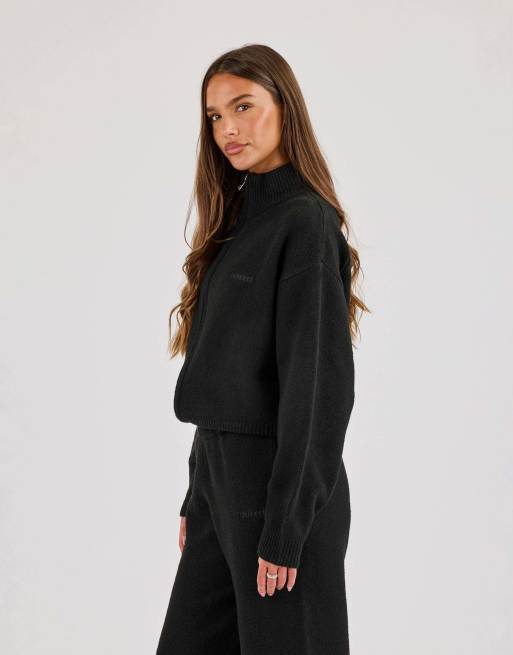 Cernucci Knitted embroidered logo funnel neck zip through in black, 2 of 4