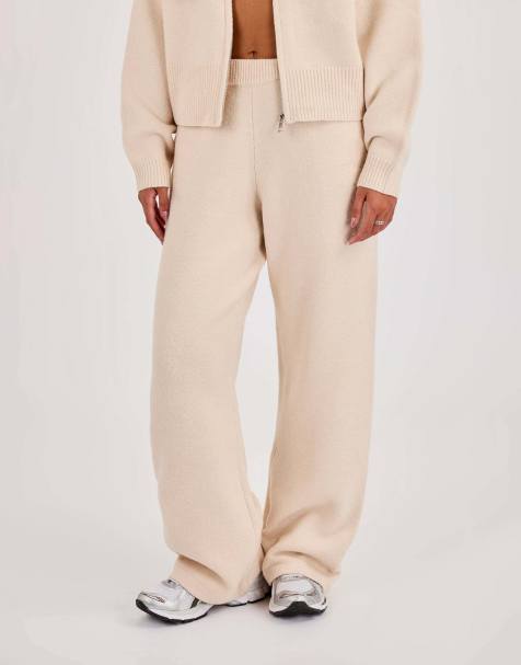 Cernucci Knitted embroidered logo wide leg jogger in beige - view 1