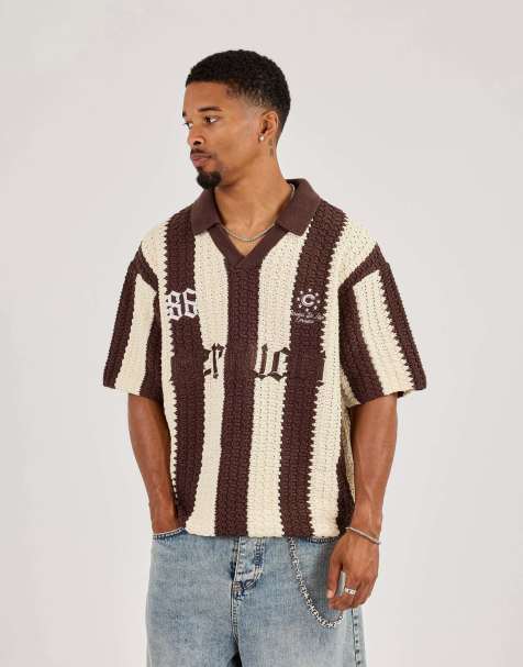 Cernucci Knitted striped football top in brown - view 1