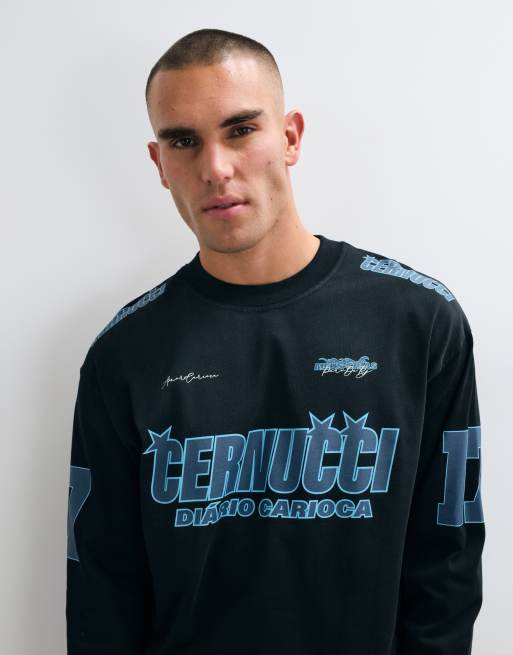 Cernucci long sleeve moto graphic t-shirt in grey, 5 of 5