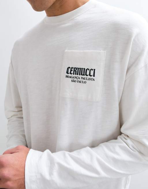 Cernucci long sleeve slub pocket logo t-shirt in white, 4 of 5