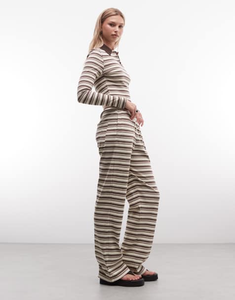 Cernucci long sleeve stripe polo and wide leg pants set in off white & brown - view 1