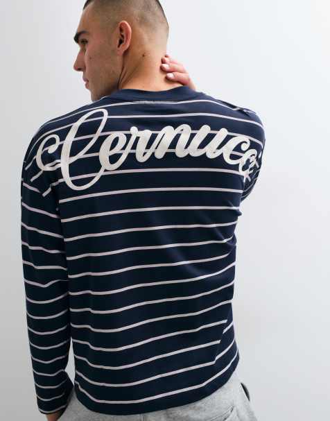 Cernucci long sleeve stripe t-shirt with logo back print in blue - view 1