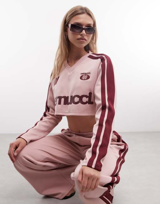 Cernucci football style jersey and sweatpants with side tape detail set in pink, 3 of 3