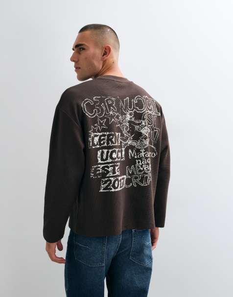 Cernucci long sleeve waffle t-shirt with est. 2017 graphic in brown - view 1