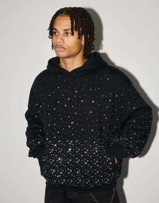 Cernucci Mens boxy rhinestone hoodie in black, 3 of 3