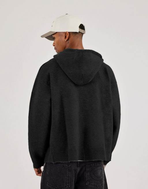 Cernucci Mens c knitted zip through hoodie in black, 3 of 4
