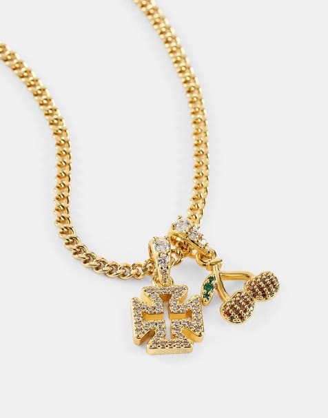 Cernucci Micro iced cross & cherry 10mm necklace in gold - view 1