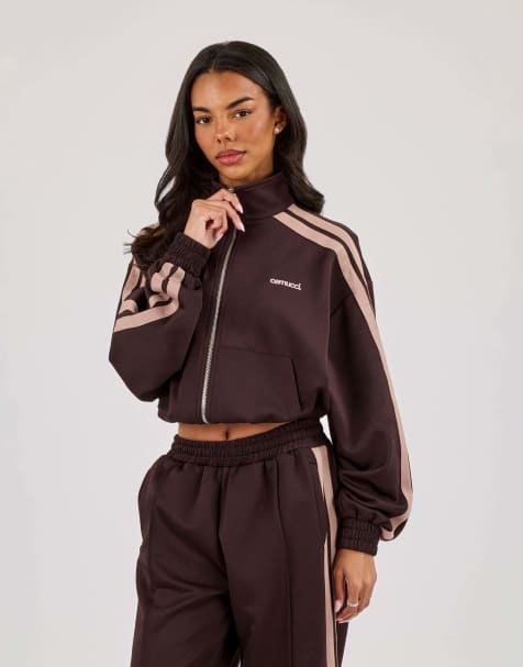 Cernucci Mocha taping cropped funnel neck jacket in brown - view 1