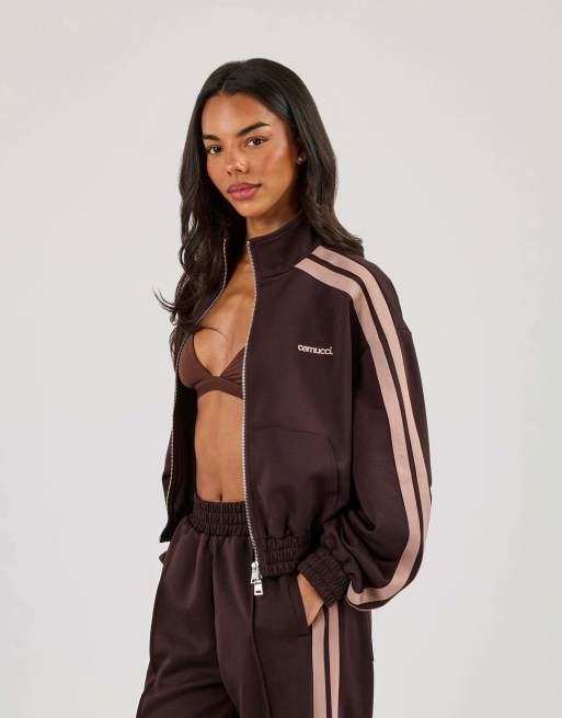 Cernucci Mocha taping cropped funnel neck jacket in brown, 2 of 4