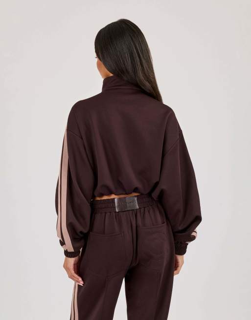 Cernucci Mocha taping cropped funnel neck jacket in brown, 4 of 4