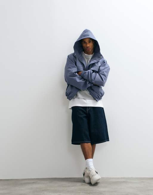 Cernucci nylon check hooded windbreaker in blue, 2 of 9