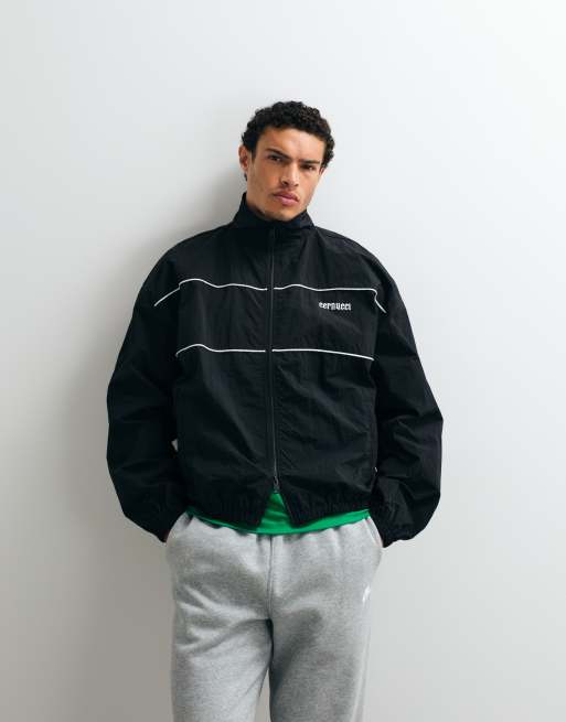 Cernucci nylon funnel neck track jacket with logo back print in black, 3 of 7