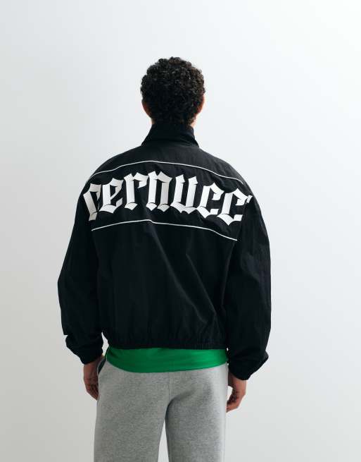 Cernucci nylon funnel neck track jacket with logo back print in black, 4 of 7