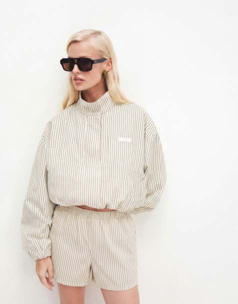 Cernucci nylon stripe funnel neck jacket and shorts co-ord in lemon - view 1