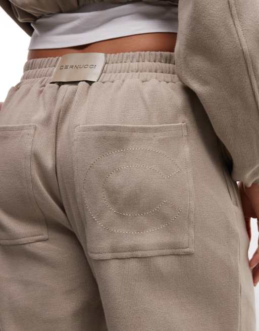 Cernucci ottoman button pull-on wide leg rib joggers co-ord in beige, 2 of 5
