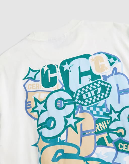 Cernucci – Oversize-T-Shirt in Wollweiß mit mehrlagigem Logo-Sticker-Print auf dem Rücken, 8 von 9