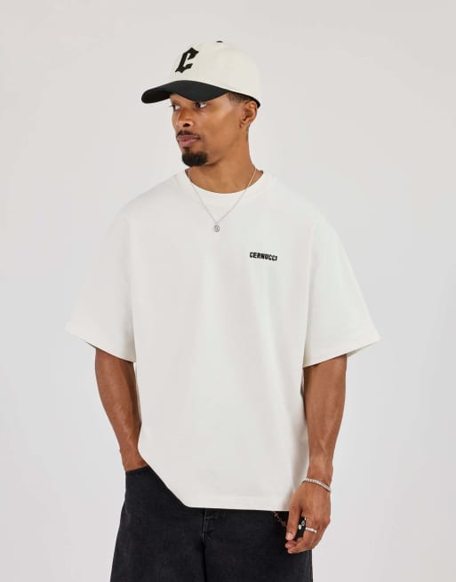 Cernucci Oversized Cernucci distressed graphic t-shirt in beige, 3 of 4