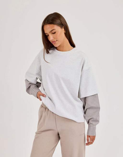 Cernucci Oversized layered check sleeve t-shirt in grey, 3 of 4