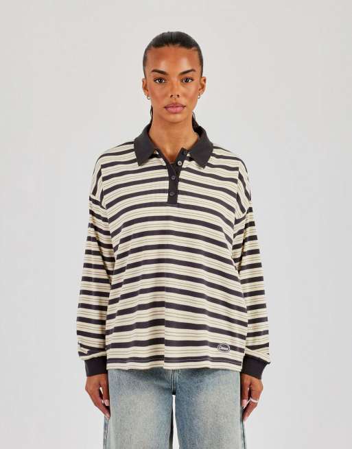 Cernucci Oversized textured stripe polo top in grey, 2 of 4
