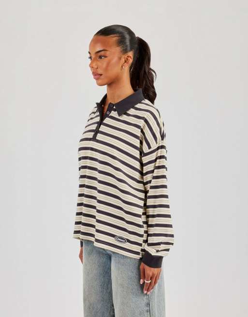 Cernucci Oversized textured stripe polo top in grey, 4 of 4