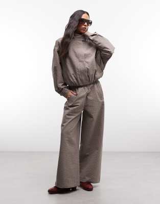 Pantalon de jogging d'ensemble ample à enfiler en nylon à petits carreaux - Beige-Neutral M