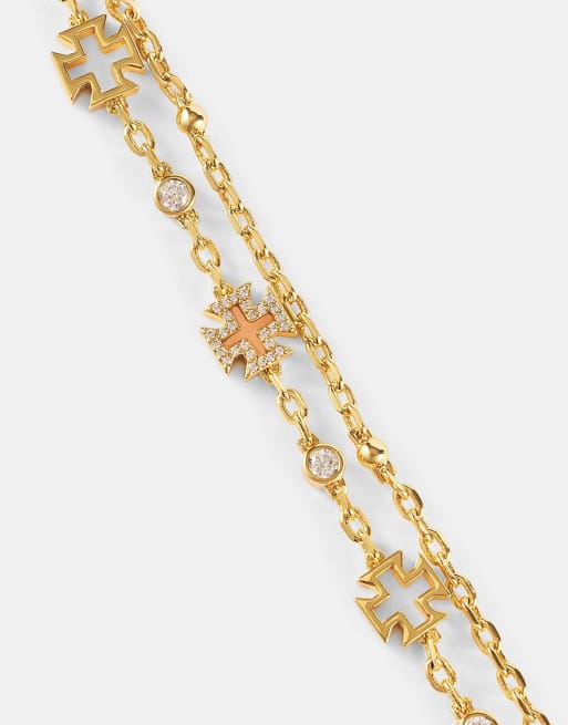 Cernucci Pink agate motif double layer rolo 8mm bracelet in gold, 2 of 3