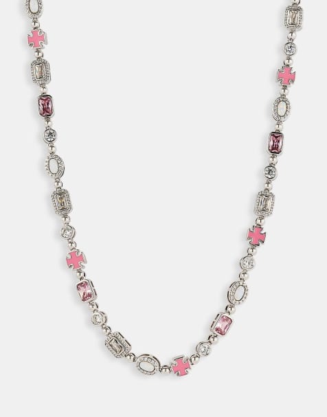 Cernucci Pink & clear multi gemstone chain - 6mm in white - view 1