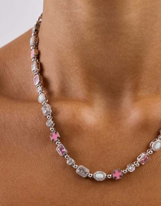 Cernucci Pink & clear multi gemstone chain - 6mm in white, 4 of 4