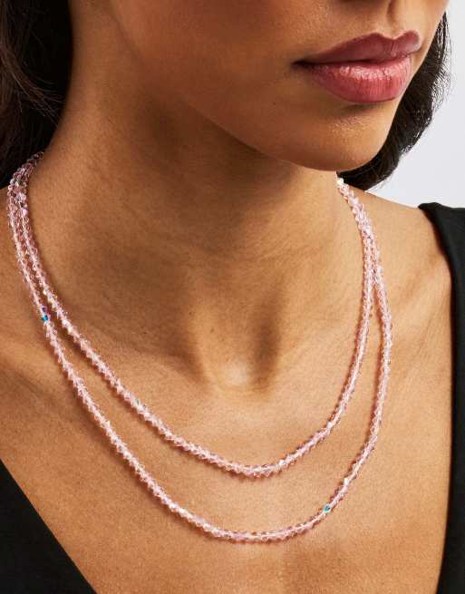 Cernucci Pink double layer glass bead necklace - 4mm in silver, 2 of 4