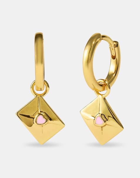 Cernucci Pink enamel envelope drop hoop earrings - 8mm - gold in gold - view 1