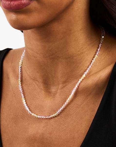 Cernucci Pink & lemon glass bead necklace - 4mm in silver - view 1