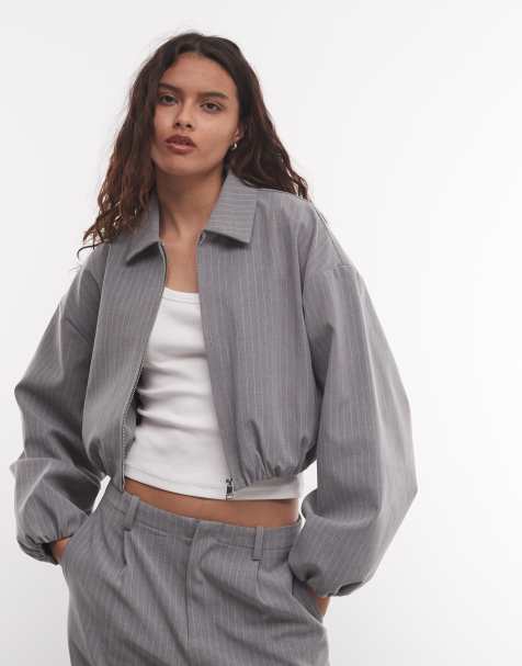 Cernucci pinstripe collared bomber jacket co-ord in grey - view 1