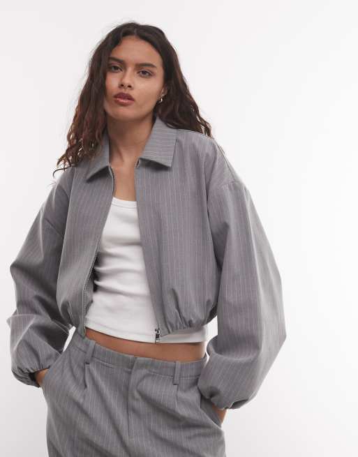Cernucci pinstripe collared bomber jacket and trousers co-ord in grey, 2 of 3