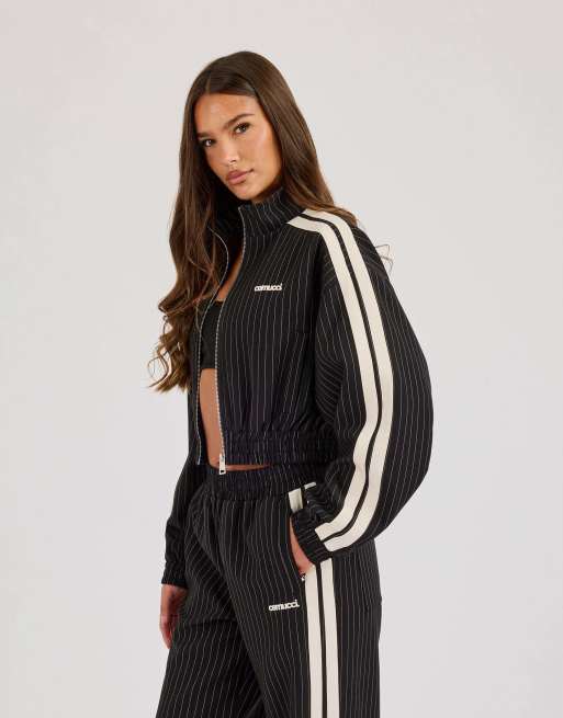 Cernucci Pinstripe taping cropped funnel neck jacket in black, 2 of 4