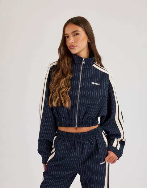 Cernucci Pinstripe taping cropped funnel neck jacket in blue - view 1