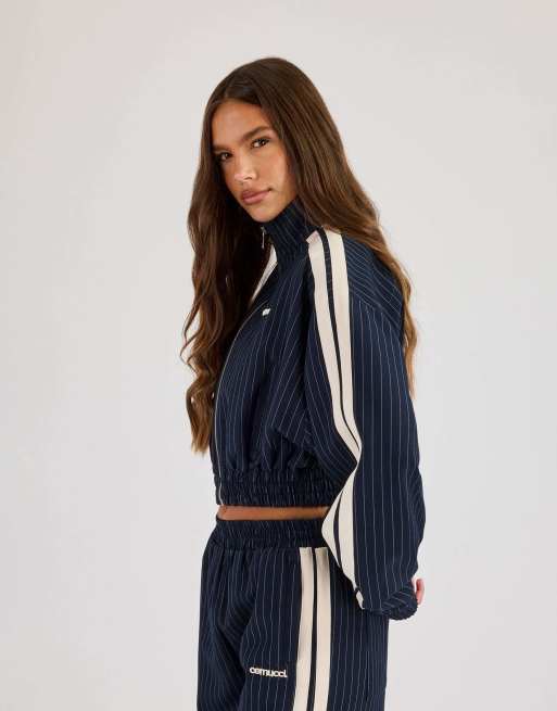 Cernucci Pinstripe taping cropped funnel neck jacket in blue, 2 of 5