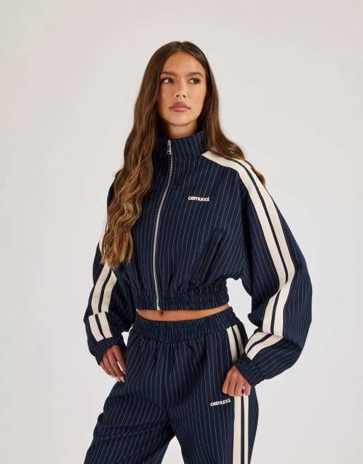 Cernucci Pinstripe taping cropped funnel neck jacket in blue, 5 of 5