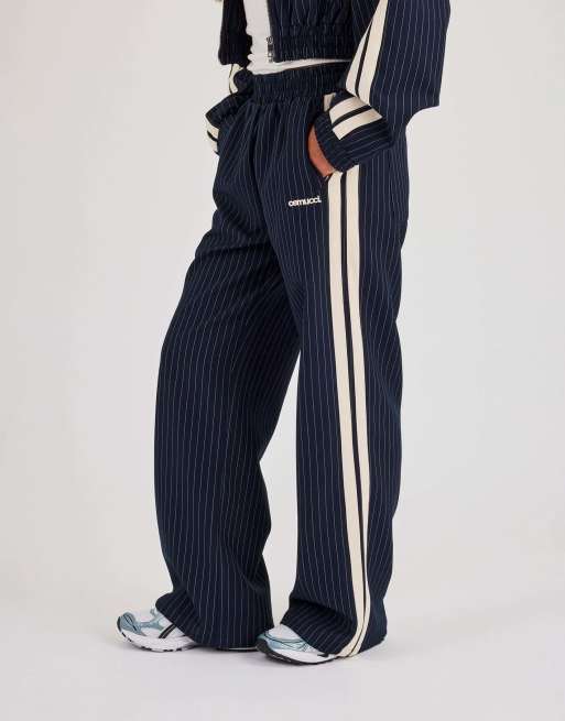 Cernucci Pinstripe taping wide leg track pant in blue, 2 of 5