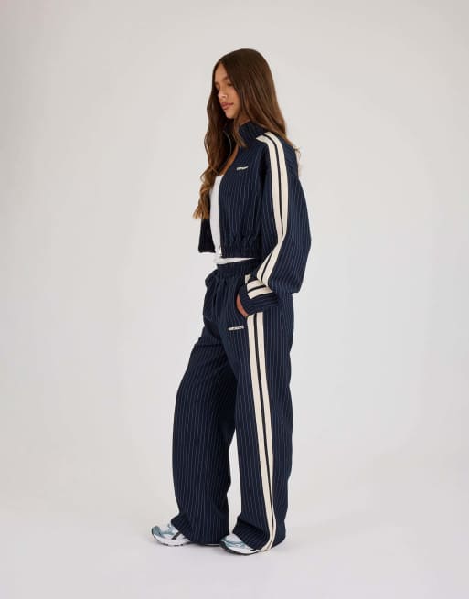 Cernucci Pinstripe taping wide leg track pant in blue, 3 of 5