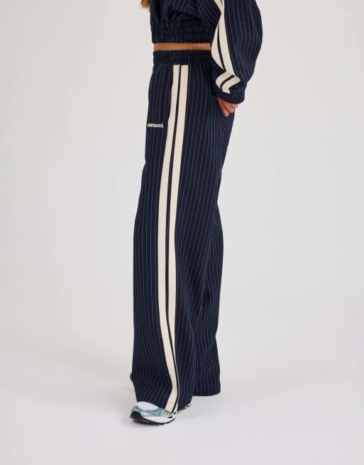 Cernucci Pinstripe taping wide leg track pant in blue, 4 of 5
