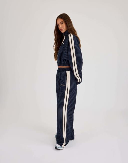 Cernucci Pinstripe taping wide leg track pant in blue, 5 of 5