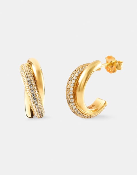 Cernucci Polished & iced cross over hoops - 20mm in gold - view 1