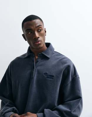 Cernucci - Polo de rugby oversize à logo avec manches longues en coton - Bleu marine délavé