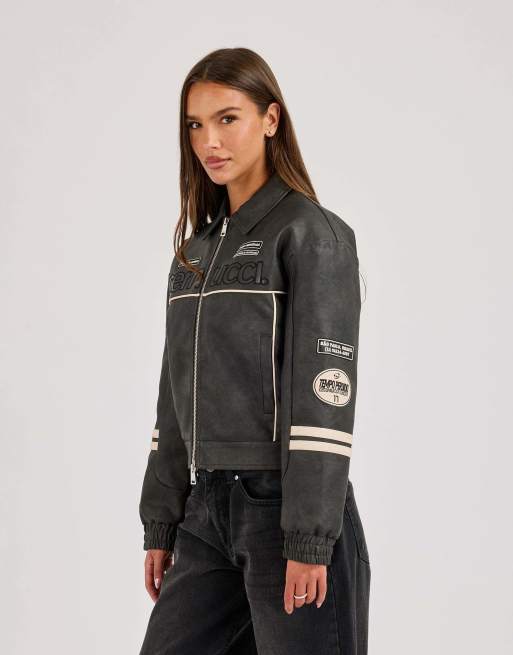 Cernucci Pu badge embroidered moto harrington jacket in grey, 2 of 4