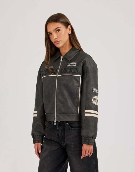 Cernucci Pu badge embroidered moto harrington jacket in grey, 3 of 4