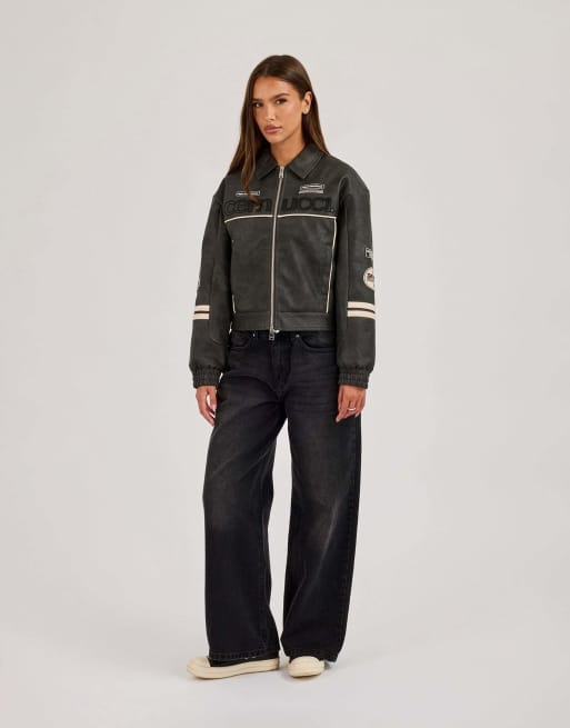 Cernucci Pu badge embroidered moto harrington jacket in grey, 4 of 4