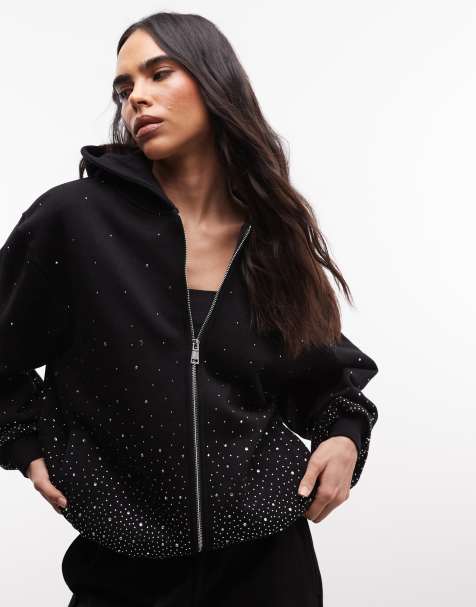 Cernucci rhinestone embellished oversized zip through hoodie co-ord in black - view 1