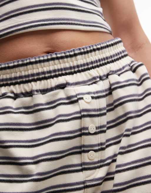 Cernucci soft touch boxer shorts co-ord in blue and cream double stripe, 5 of 5